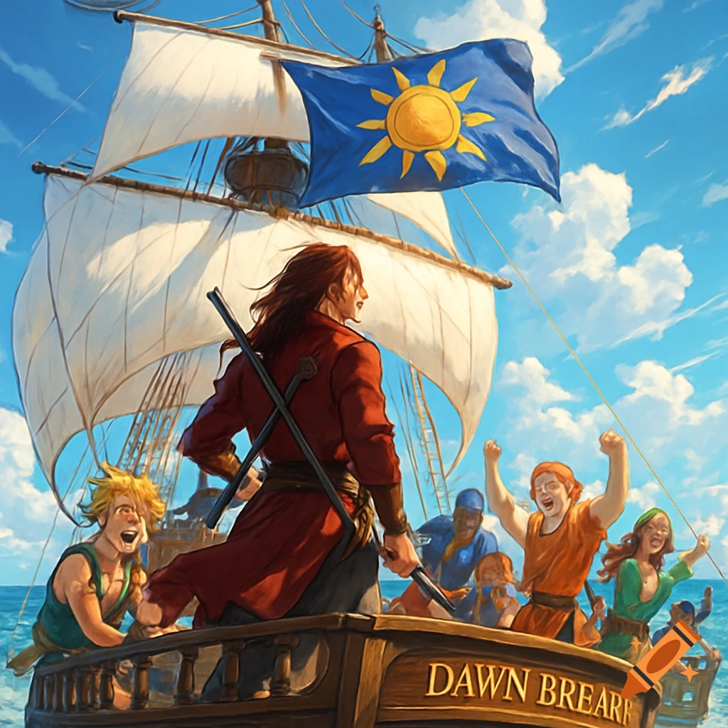 A long-haired captain with twin swords stands on a pirate ship, looking at his cheering anime-style crew under a sunny sky. A flag with a sun symbol flies.