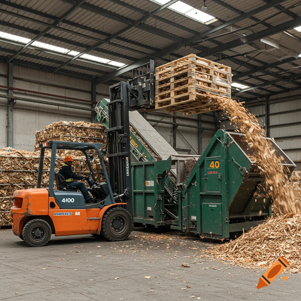Photorealistic image of a forklift lifting a wooden pallet into an industrial shredder in a factory warehouse, with wood chips falling out.
