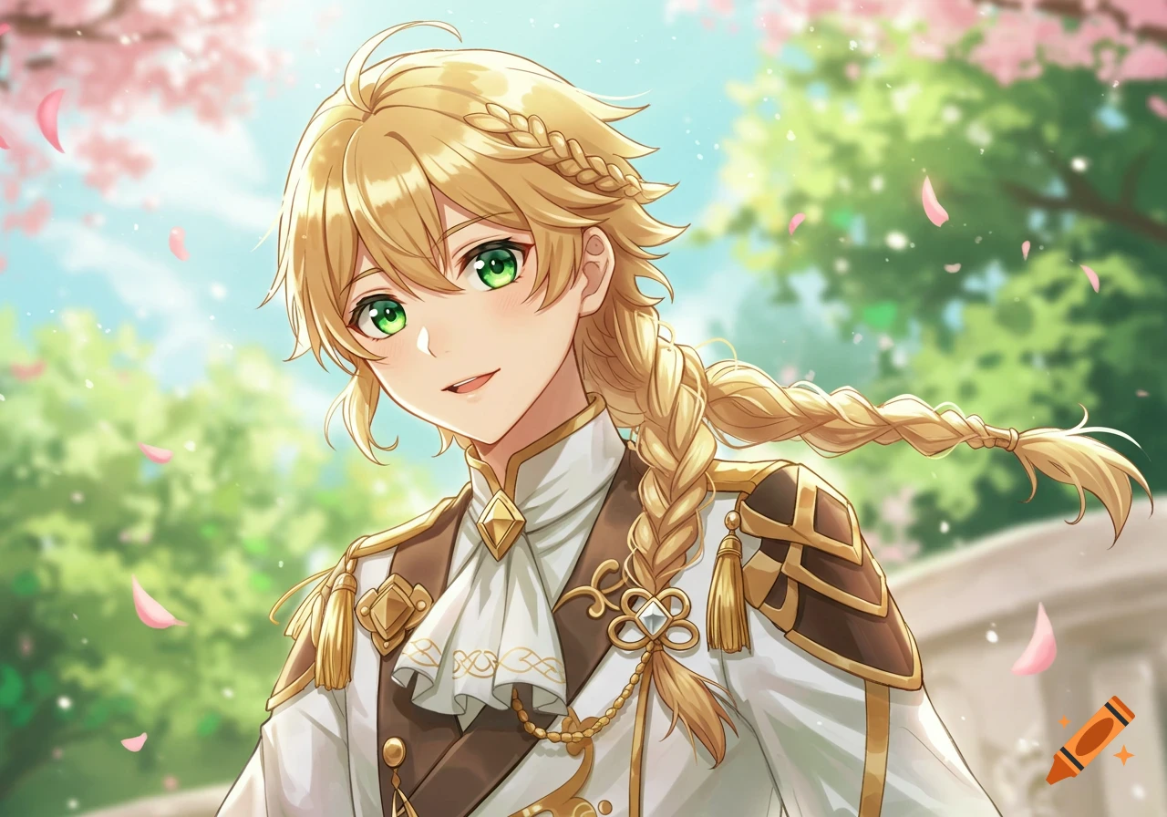 Anime-style boy with blond braided hair and green eyes in noble white and gold clothing, surrounded by cherry blossom petals.