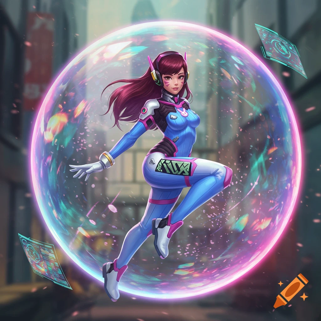 D.va from Overwatch, in a blue and white suit, floats within a glowing pink and blue force field, with holographic screens around her.