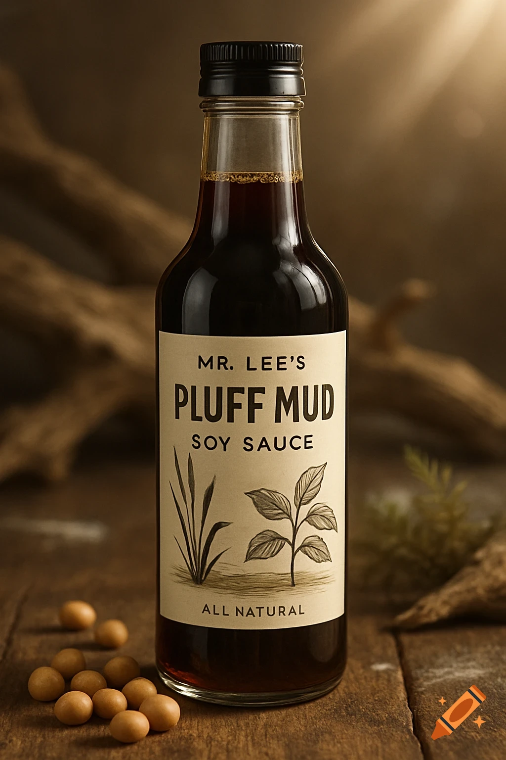 A bottle of 'Mr. Lee's Pluff Mud Soy Sauce' with soybeans on a rustic wooden surface.