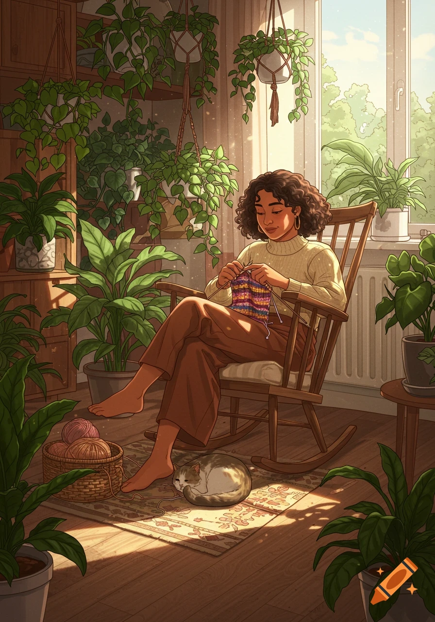 An illustration of a woman with curly hair knitting in a rocking chair surrounded by many house plants, with a cat sleeping on a rug at her feet.