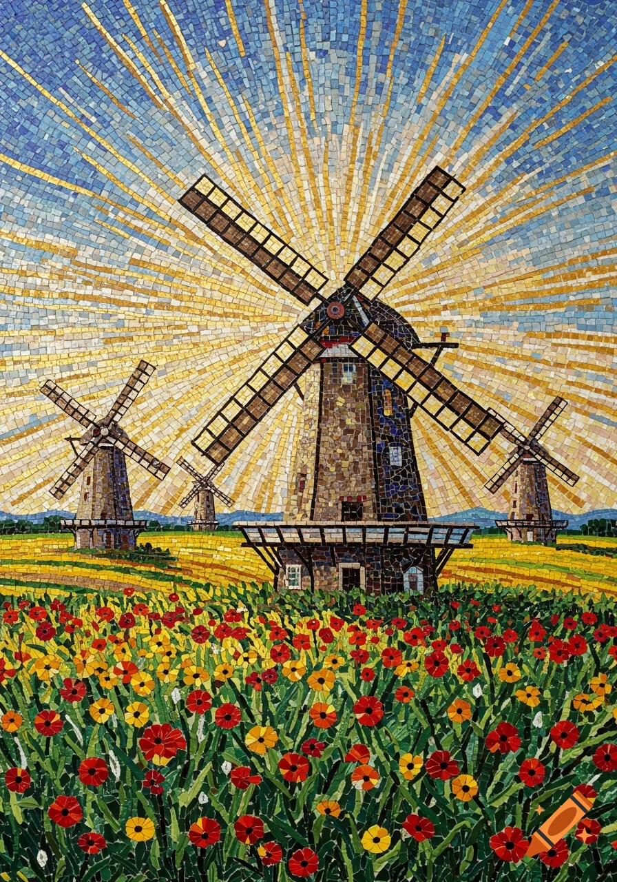 A vibrant mosaic artwork depicting windmills in a field of red and yellow flowers under a radiant sun.