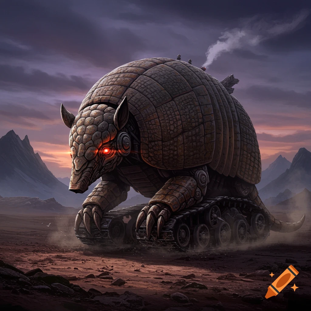 A colossal steampunk armadillo beast with glowing red eyes and tank treads stands in a desolate, rocky landscape under a dramatic sky.