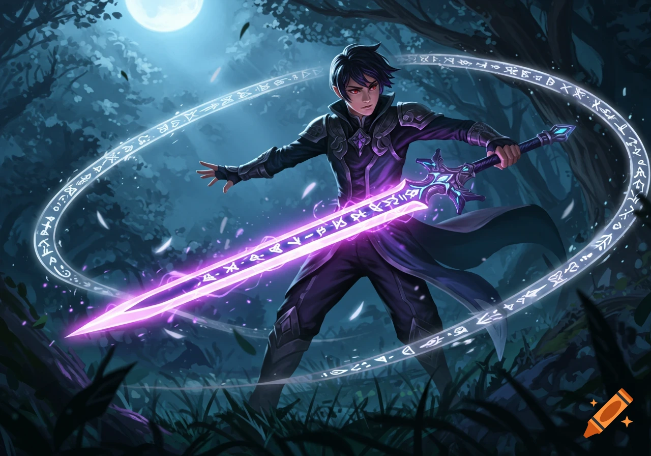An anime character in a dark forest wields a glowing purple magic sword surrounded by a shimmering magical circle.