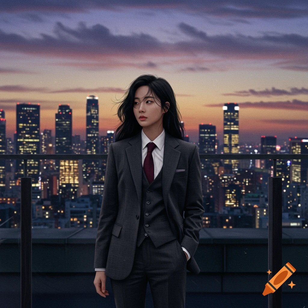 A young woman in a gray suit and red tie stands on a rooftop overlooking a city skyline at sunset, photorealistic style.