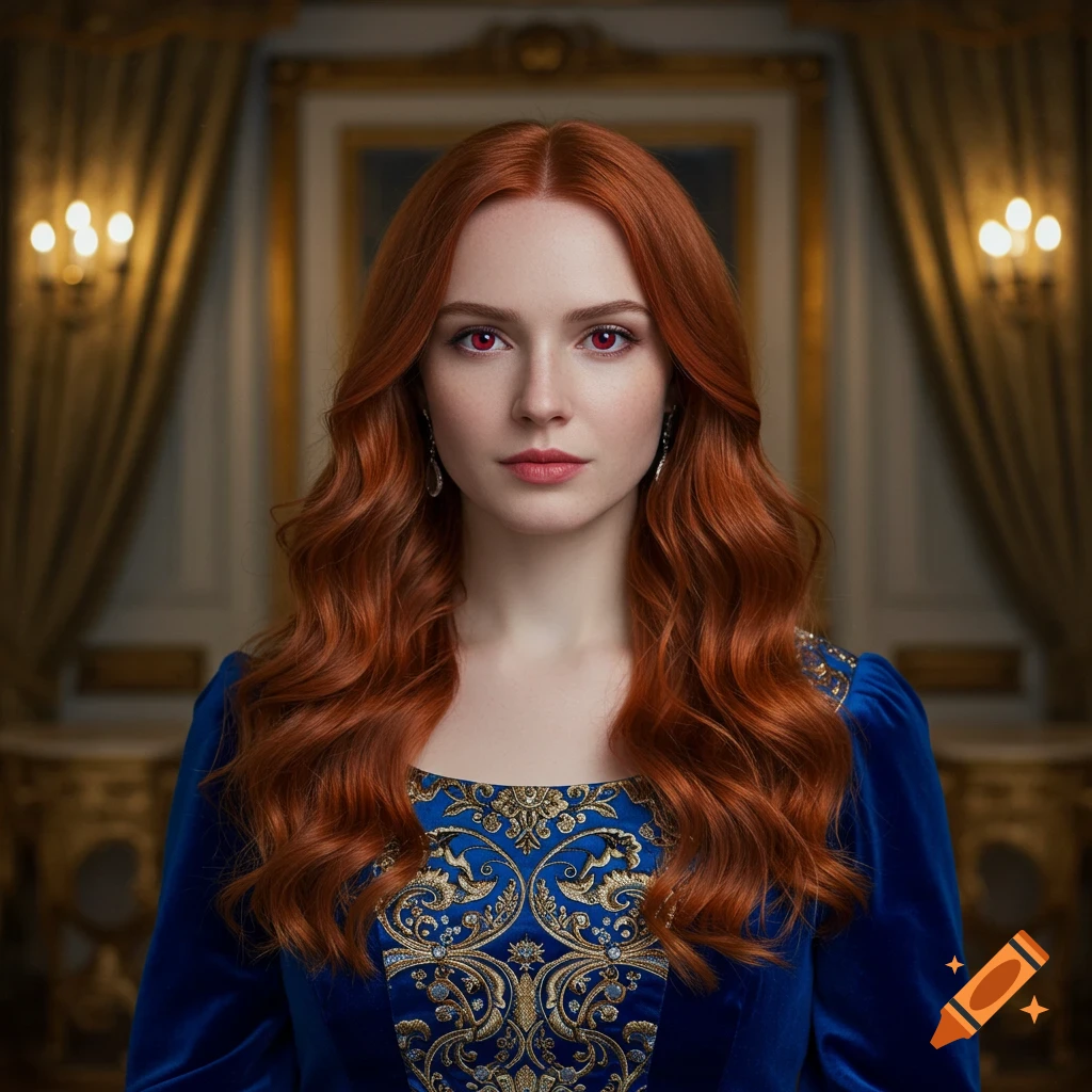 Photorealistic portrait of a red-haired woman with red eyes wearing an ornate blue royal gown in a palace.