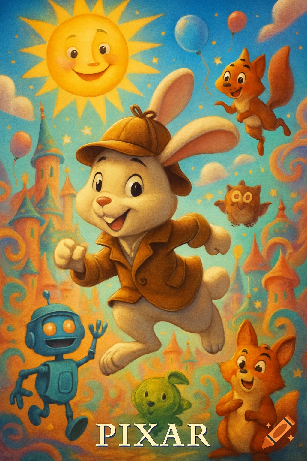 A cheerful cartoon bunny in a hat runs through a fantastical, colorful landscape with a castle, a sun, foxes, an owl, and a robot. The word PIXAR is at the bottom.