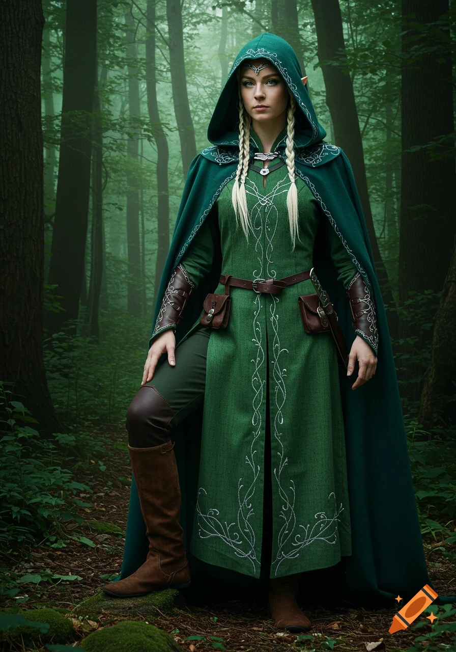 An elf in a green hooded cloak and tunic with silver embroidery stands in a misty forest.