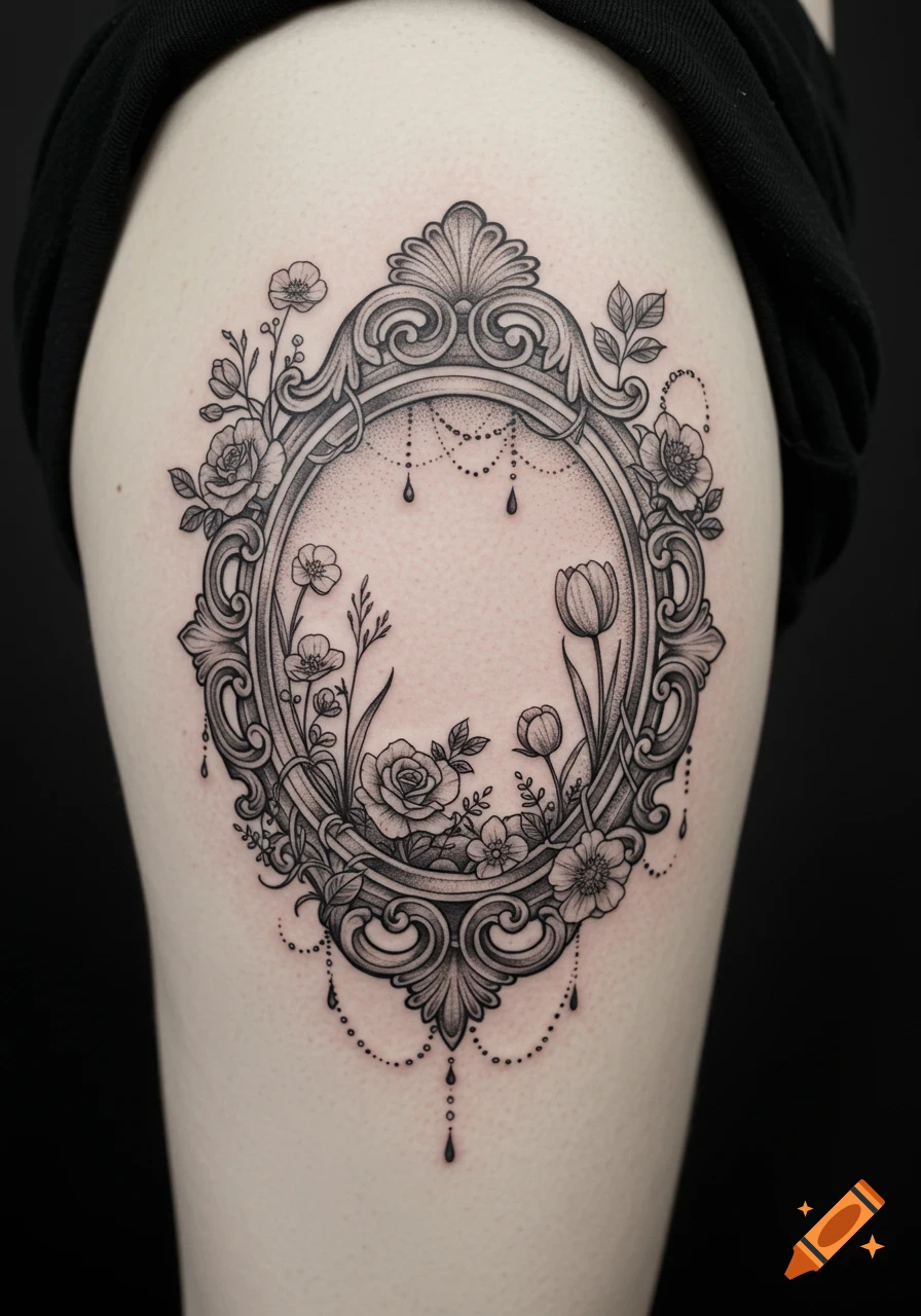 Black and grey tattoo of an ornate oval frame surrounded by delicate flowers and vines on a person's thigh.