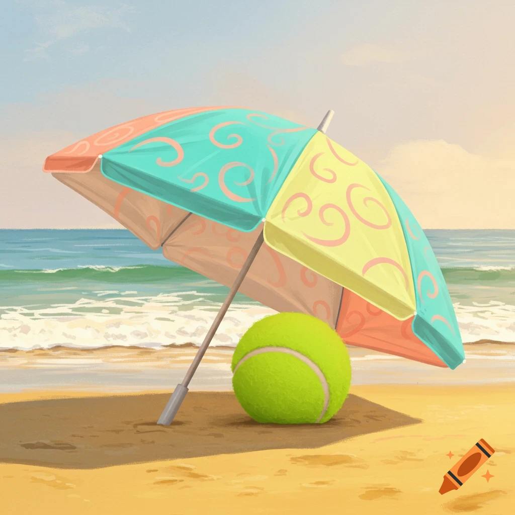 A green tennis ball sits under a colorful beach umbrella on a sandy shore by the ocean, digital art.