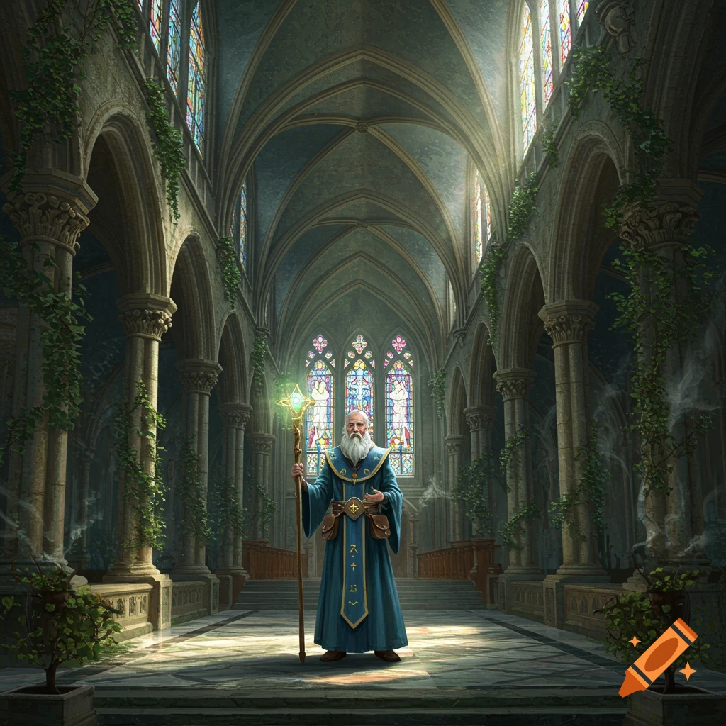 A wizard in blue robes holding a glowing staff stands in a grand, decaying gothic church with stained glass windows and vines.