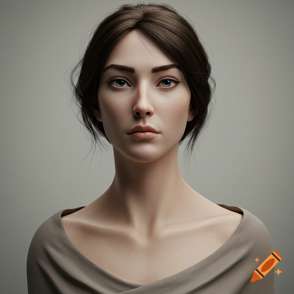 A close-up, photorealistic portrait of a young woman with dark hair and a neutral expression, wearing a draped garment.