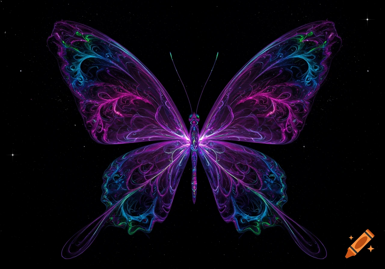 A vibrant, glowing psychedelic butterfly with intricate purple, pink, and blue wings on a dark, starry background.
