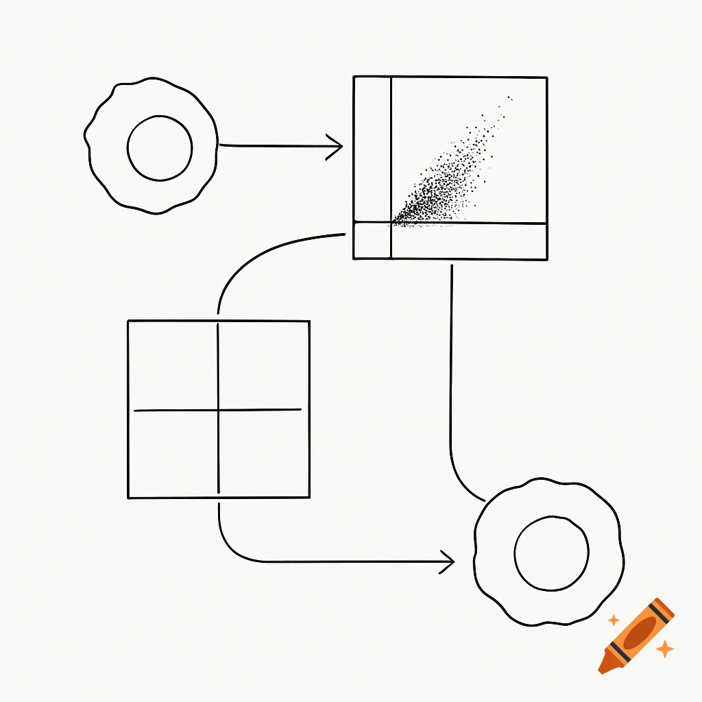 A simple black and white line drawing of a flow cytometry diagram, showing cell shapes, a scatter plot, and process arrows.