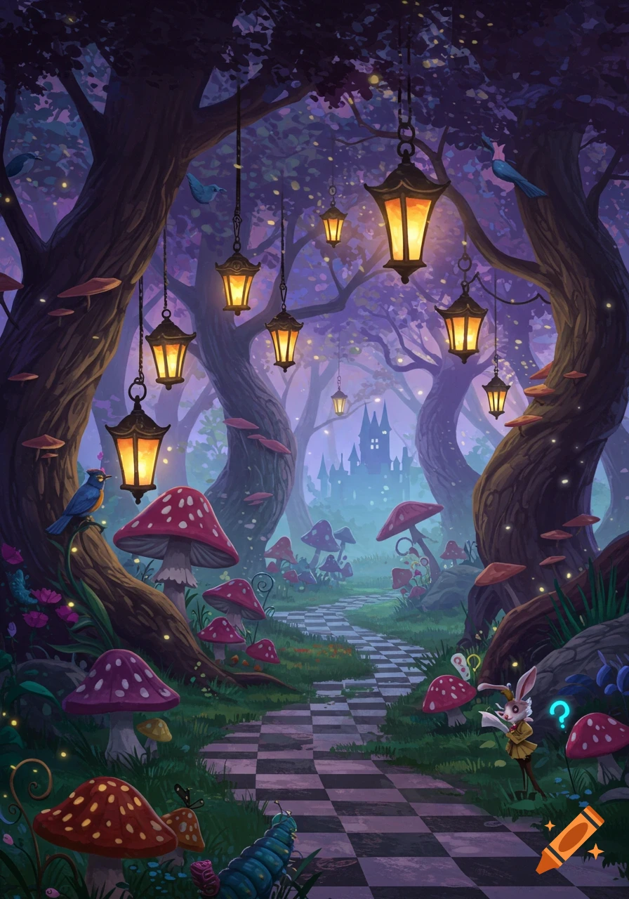 A whimsical forest with a checkered path, glowing lanterns, giant mushrooms, and a rabbit character under a purple sky.