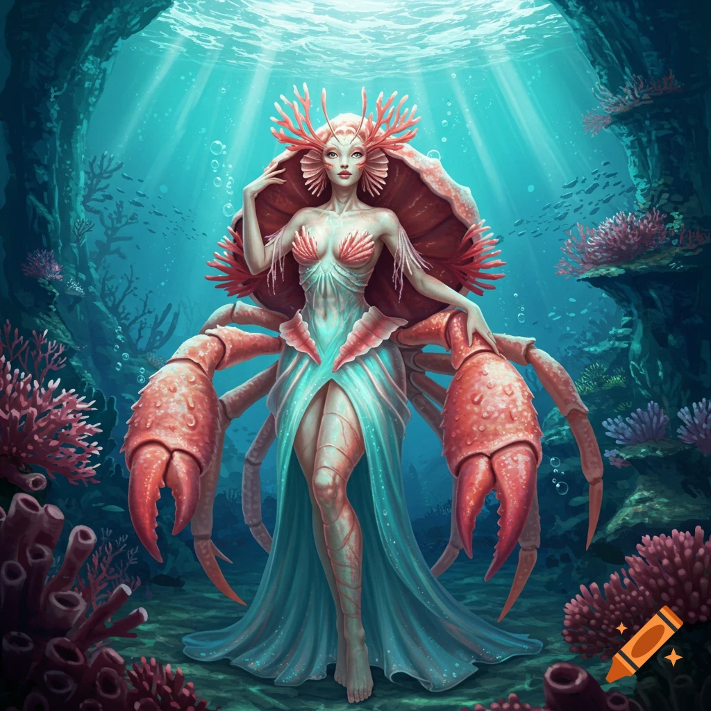 A humanoid crab-woman creature with large red claws and coral headpiece, standing underwater.
