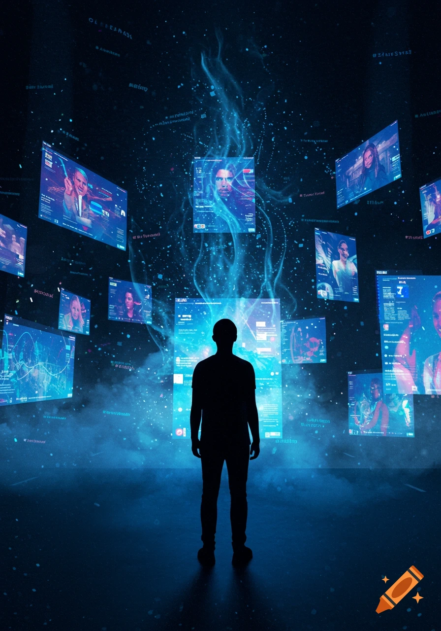 A person's silhouette stands before multiple floating blue digital screens displaying faces and data in a dark, glowing room.