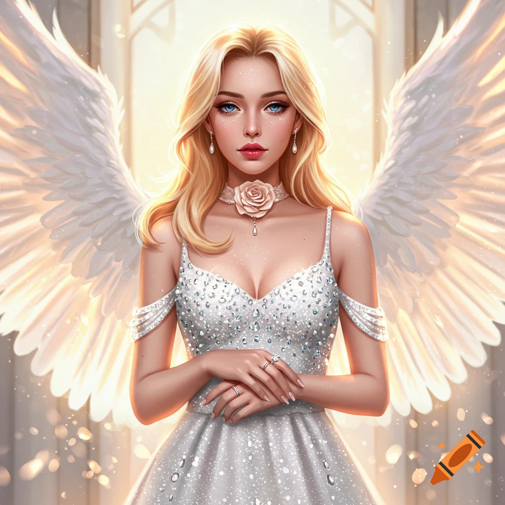 A blonde angel with blue eyes, wearing a sparkling white dress, a rose choker, and jewelry, standing in a radiant, ethereal setting.