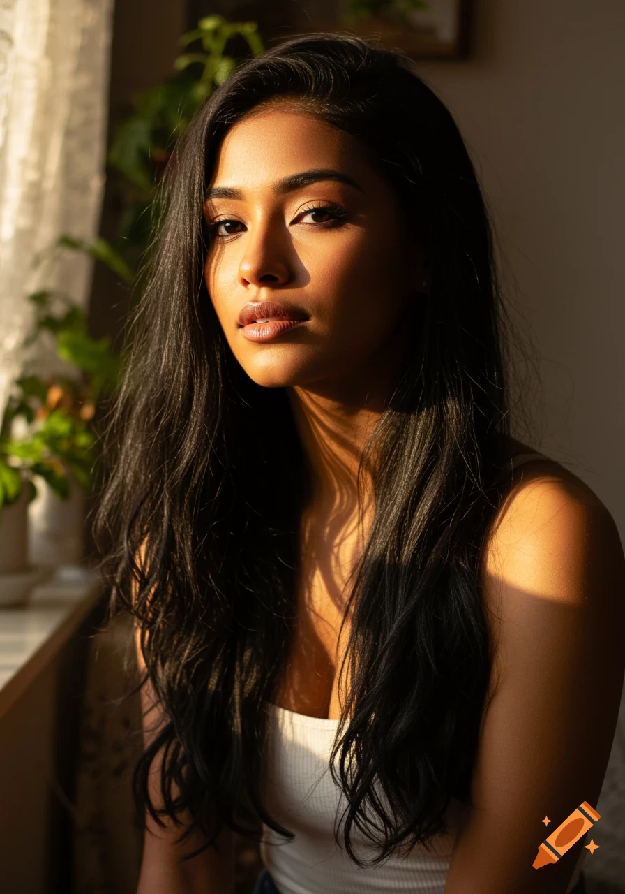 Close-up portrait of a woman with long dark hair and brown skin, illuminated by golden sunlight from a window.
