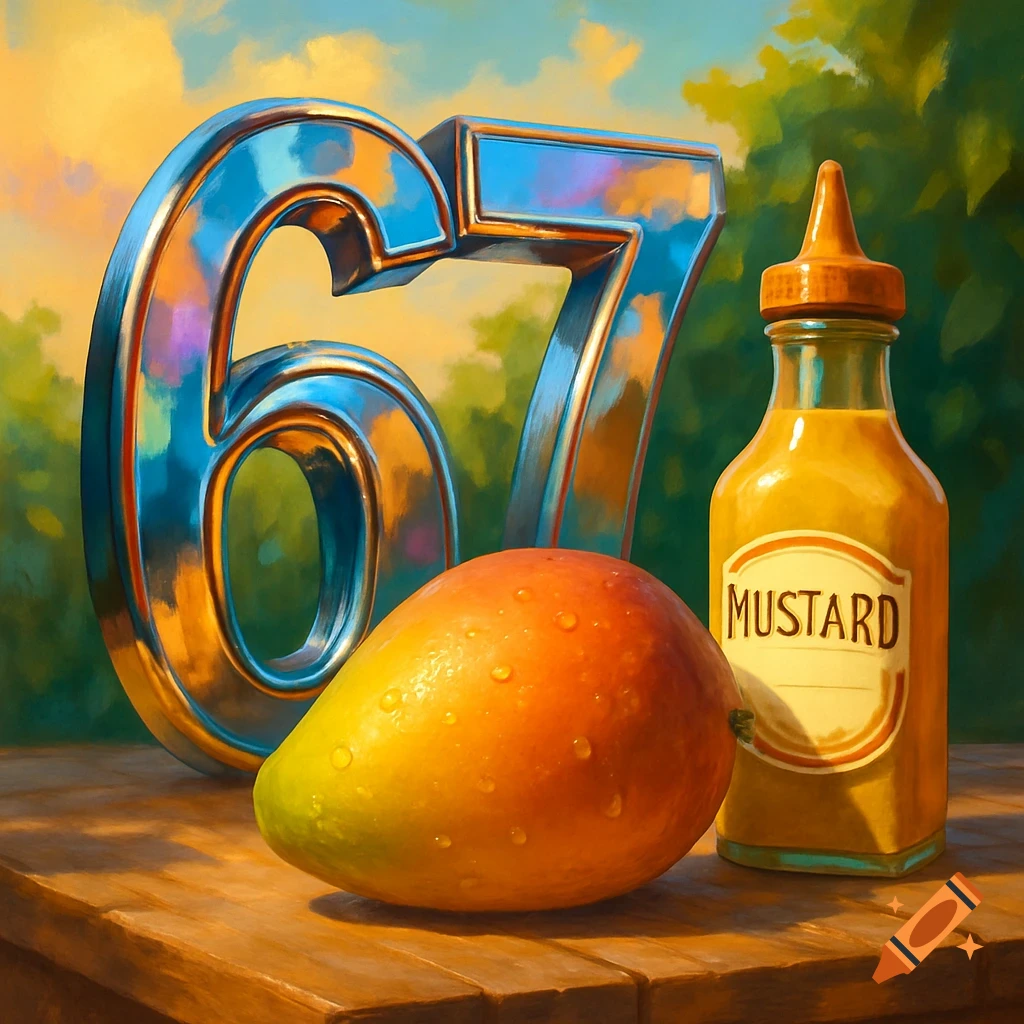 A large metallic number 67, a ripe mango, and a bottle of mustard arranged on a wooden table outdoors, rendered in a painterly style.