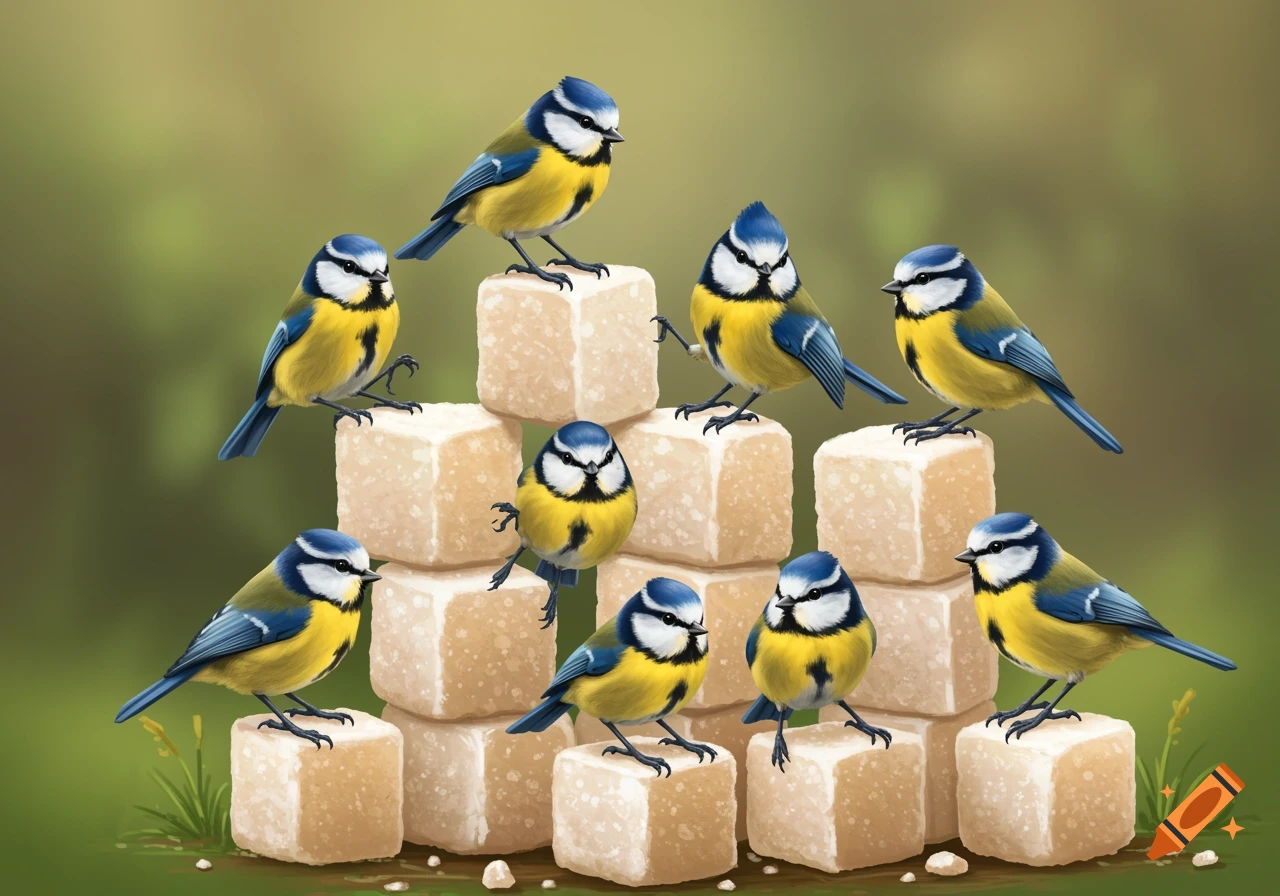 Ten blue tits perched on a pile of white sugar cubes with a green background.