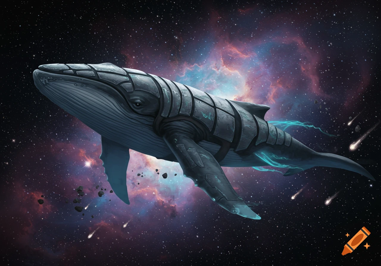 A large whale wearing dark, segmented armor with glowing blue energy trails, flying through a starry space with nebulae and meteors.