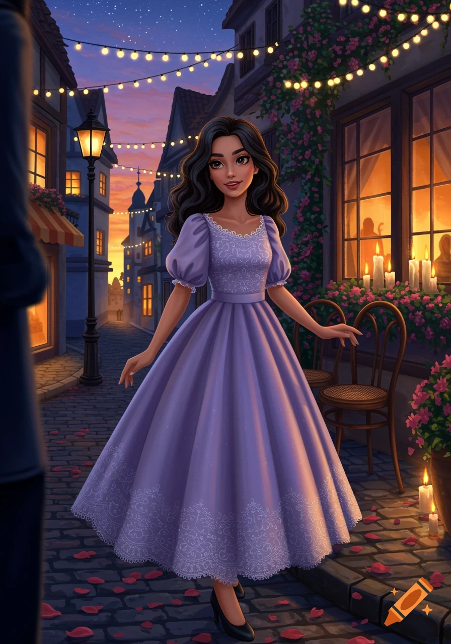 An illustrated girl in a lavender gown stands on a cobblestone street at dusk with string lights and rose petals.