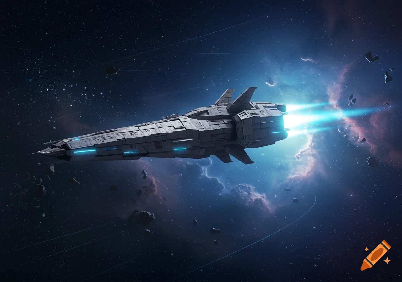 A detailed gray futuristic spaceship with glowing blue engines flies through a star-filled galaxy with colorful nebulas and asteroids.
