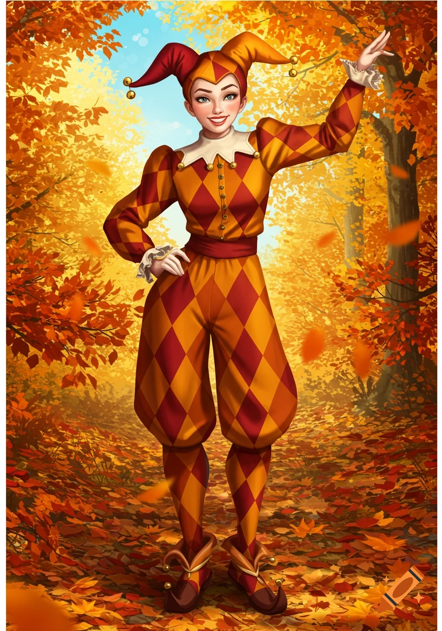 A person dressed as a harlequin in a red and orange diamond-patterned costume stands in an autumn forest with falling leaves.