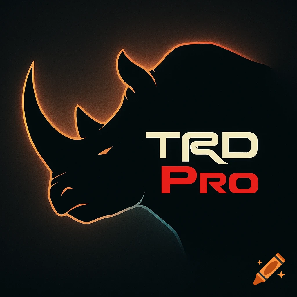 A dark silhouette of a rhino head with an orange glowing outline, featuring the white text 'TRD' and red text 'Pro' next to it.