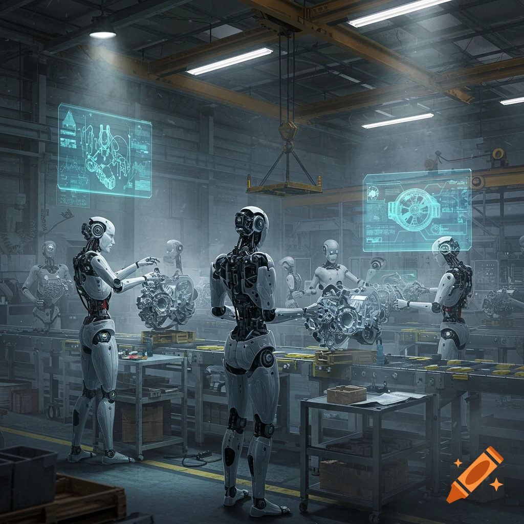 Photorealistic robots assembling machinery on an industrial production line with holographic schematics.