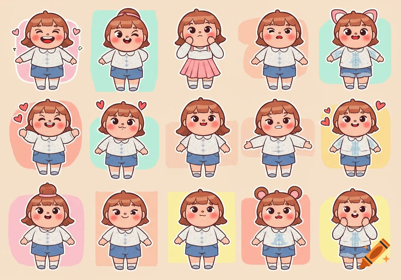 A grid of 15 cute cartoon stickers featuring a chubby girl with various expressions, hairstyles, and outfits, including smiles, pouts, and winks.