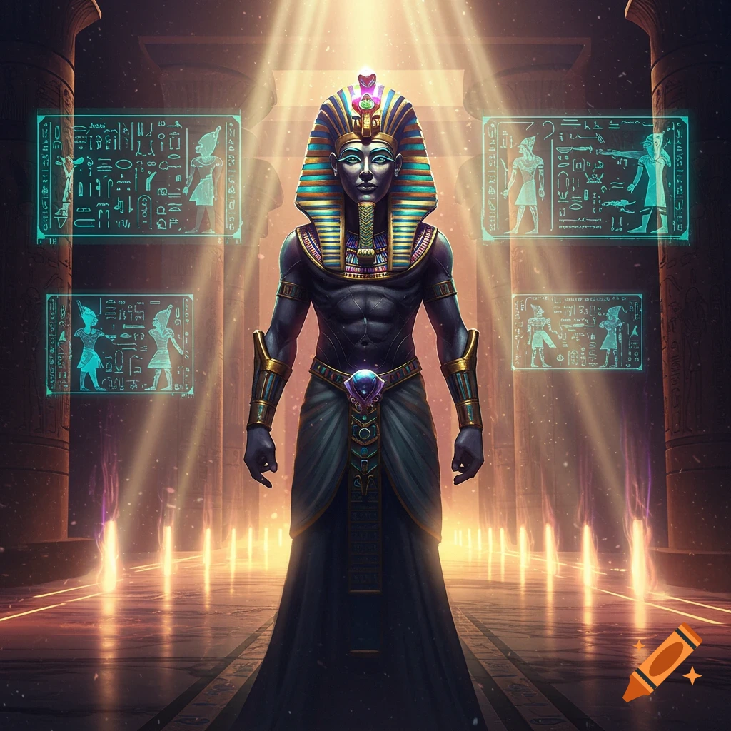 A dark-skinned pharaoh-like figure in elaborate headwear and robes stands in a grand Egyptian temple with glowing hieroglyphic displays.