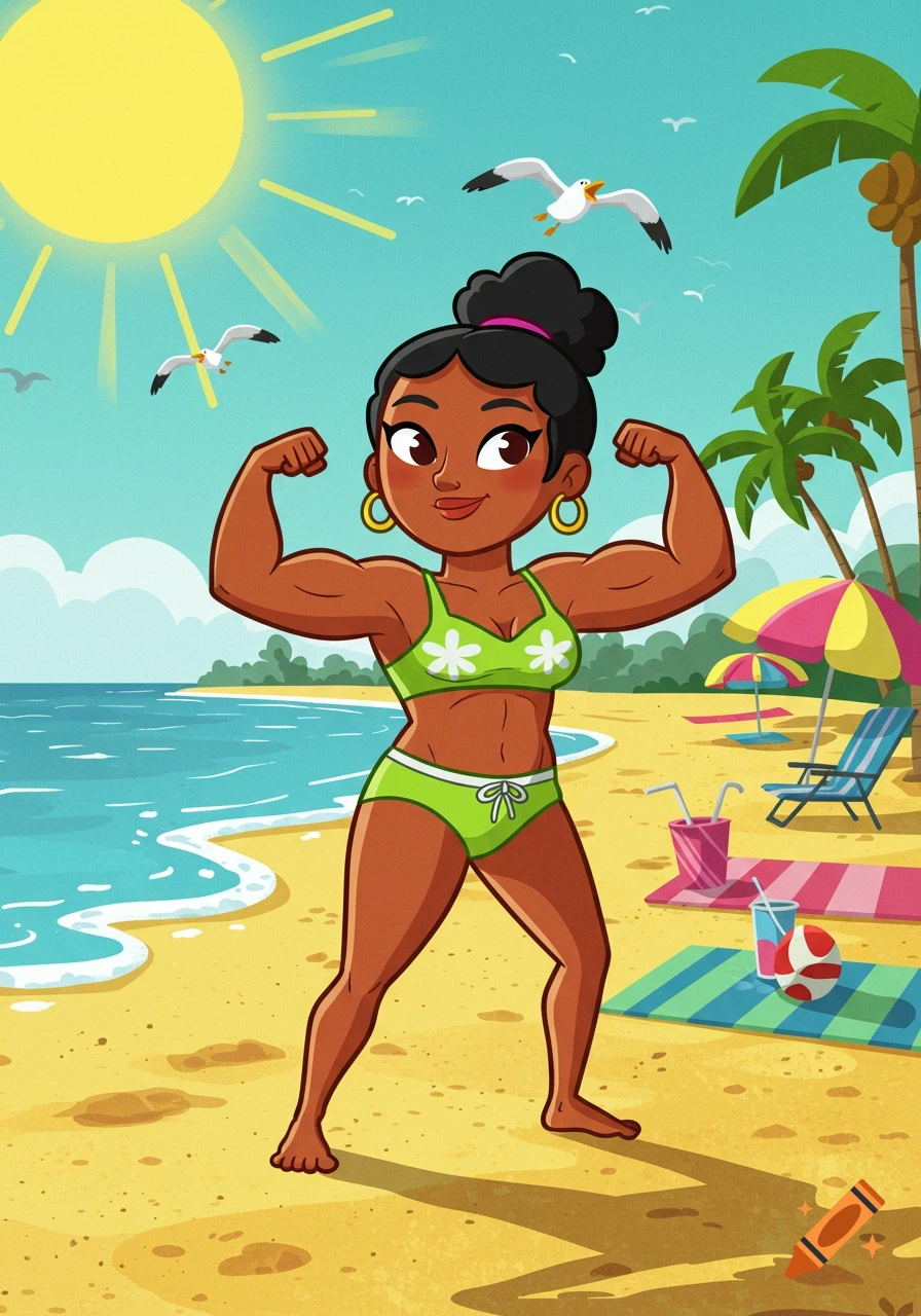 A cartoon woman with dark skin and hair in a green bikini flexes her biceps on a sunny beach.