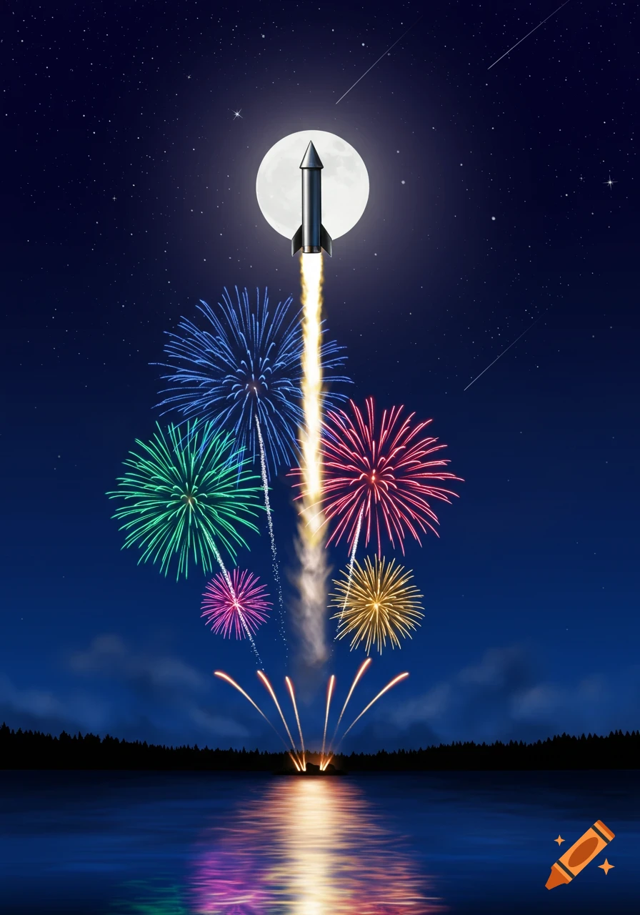 A rocket launches against a full moon in a starry night sky, with colorful fireworks exploding above a reflective lake and distant treeline.