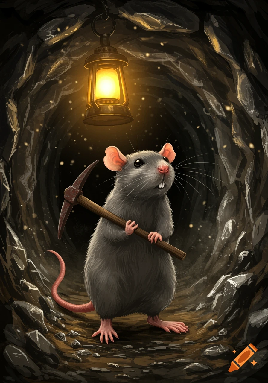 A cute anthropomorphic rat holding a pickaxe stands in a dark mine, lit by a glowing lantern. Digital illustration.