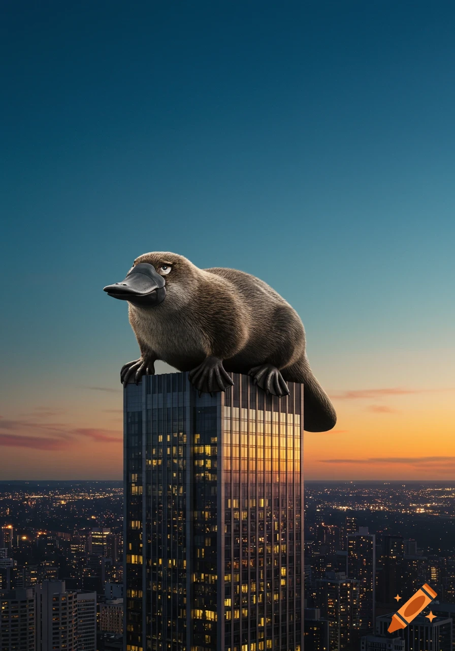 A gigantic photorealistic platypus perched on top of a skyscraper overlooking a city at dusk.