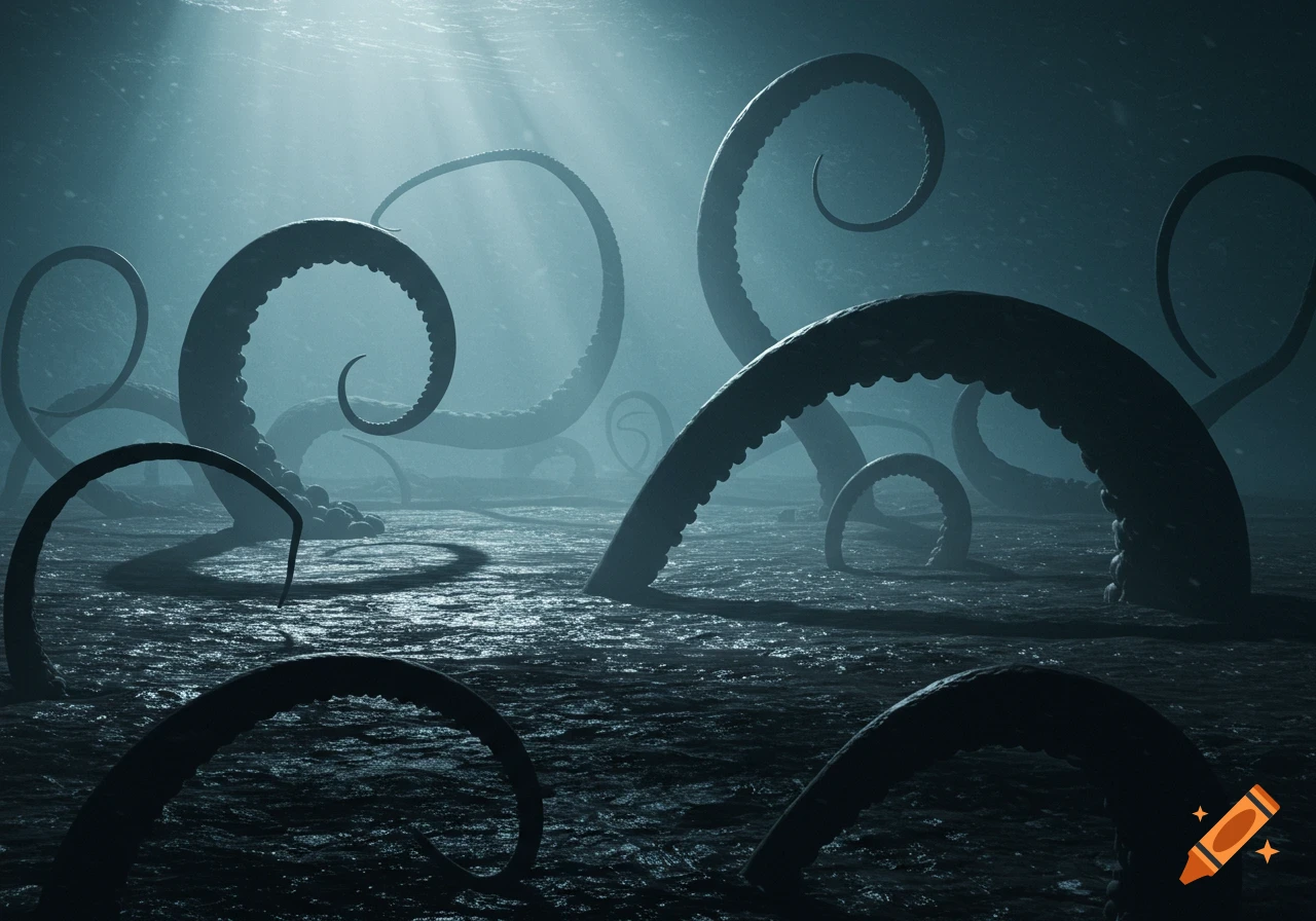 Giant, dark tentacles rise from a murky underwater seabed with light rays filtering through the water above.