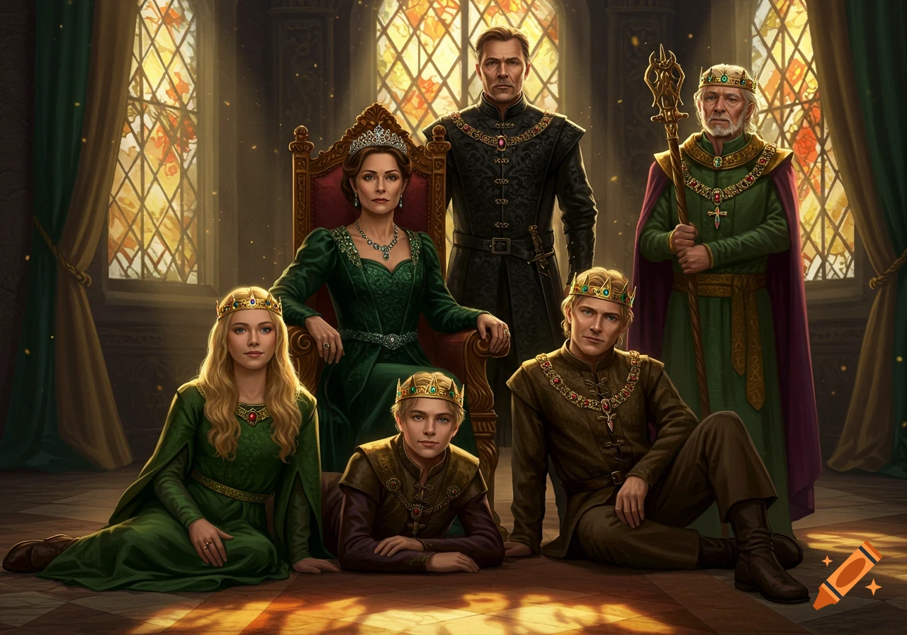 A royal family portrait in a grand throne room. A queen on a throne, a king standing, an elder with a staff, and two younger royals on the floor, all in ornate green, gold, black, and purple attire.