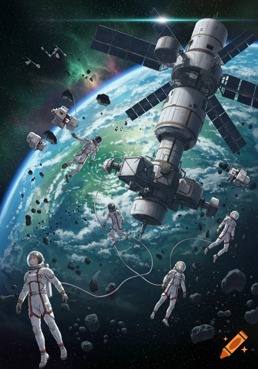 Anime-style illustration of astronauts and a space station orbiting a blue-green planet, surrounded by asteroids in deep space.