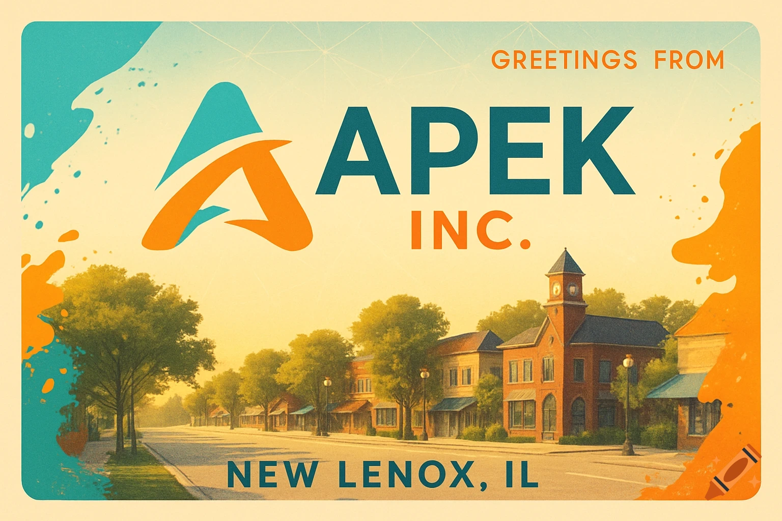 A vintage-style postcard featuring 'APEK INC.' and 'NEW LENOX, IL' text over a street with buildings and trees.