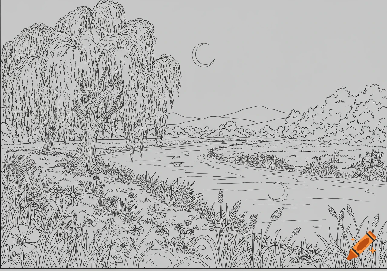 Black and white line art of a weeping willow tree by a winding river, with mountains in the background and crescent moons in the sky and water.
