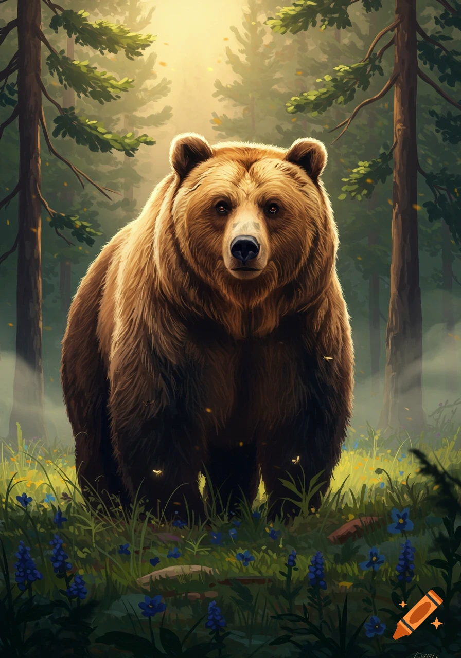 A detailed painting of a brown bear standing in a sunlit forest clearing with blue flowers.