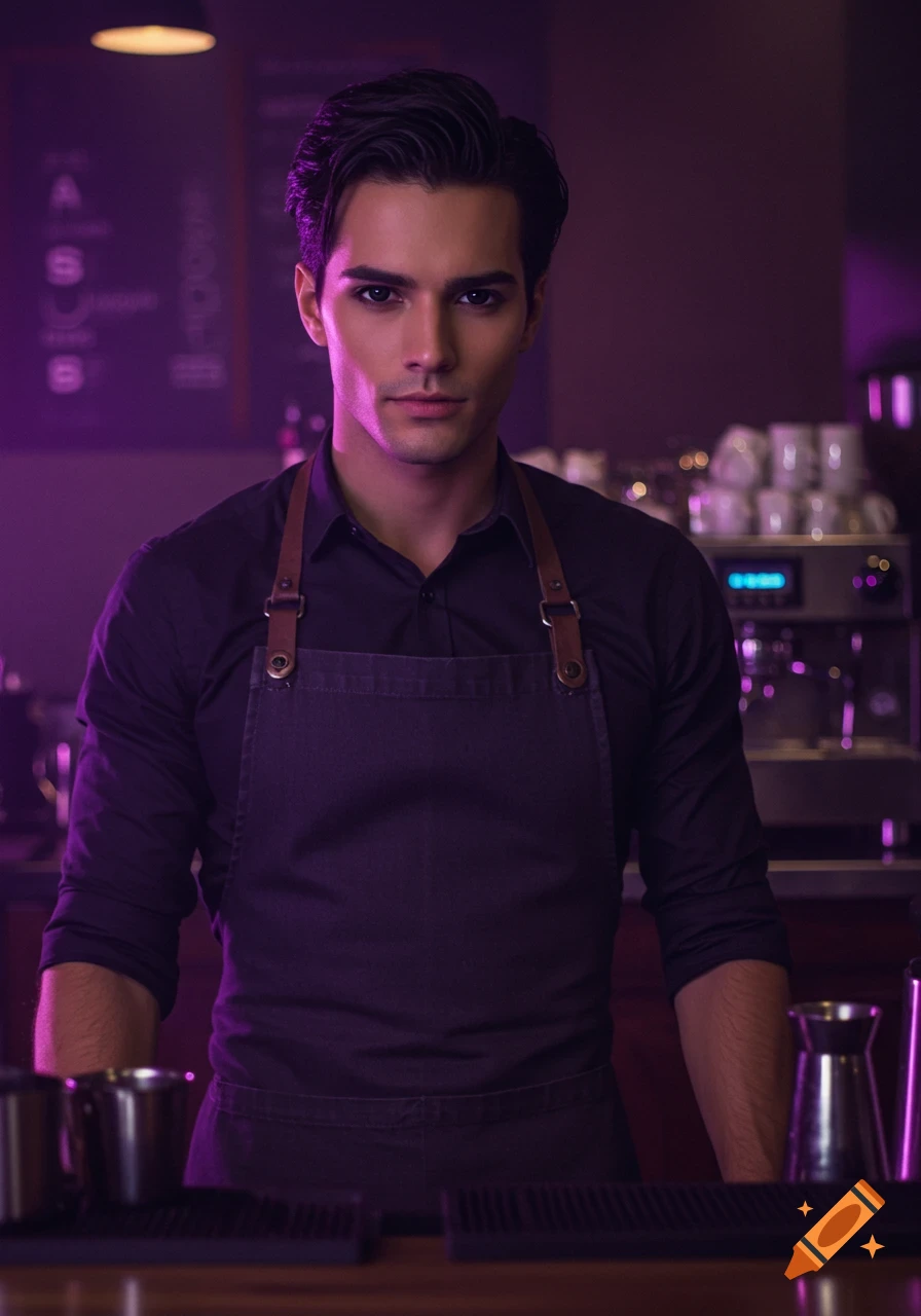 A handsome man with dark hair and eyes, wearing a dark shirt and apron, stands behind a cafe counter with purple lighting.