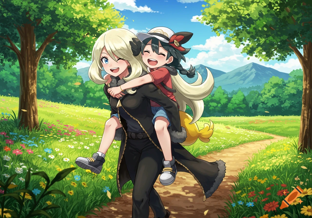 Cynthia from Pokemon gives a joyful child a piggyback ride in a sunny, green field with trees and mountains.