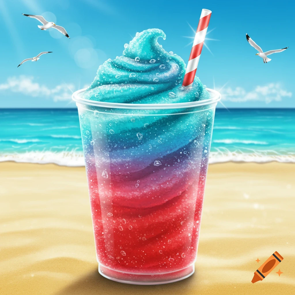 A vibrant blue, purple, and red layered slushy in a clear cup with a striped straw, sitting on a sandy beach with the ocean and seagulls in the background.