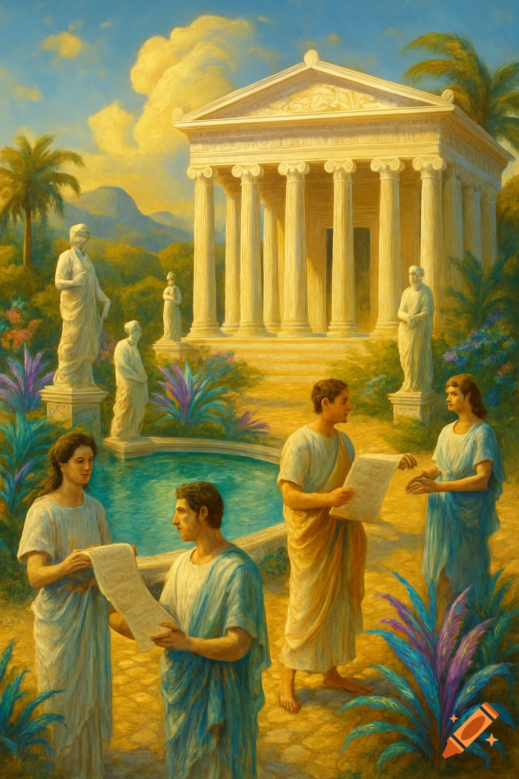 Painterly scene of figures in classical Greek attire with scrolls by a pool, ancient temple, and statues in a lush garden under a golden sky.