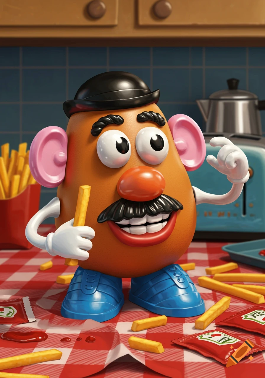 Mr. Potato Head wearing a bowler hat, holding a french fry on a red checkered tablecloth with scattered fries and ketchup packets.