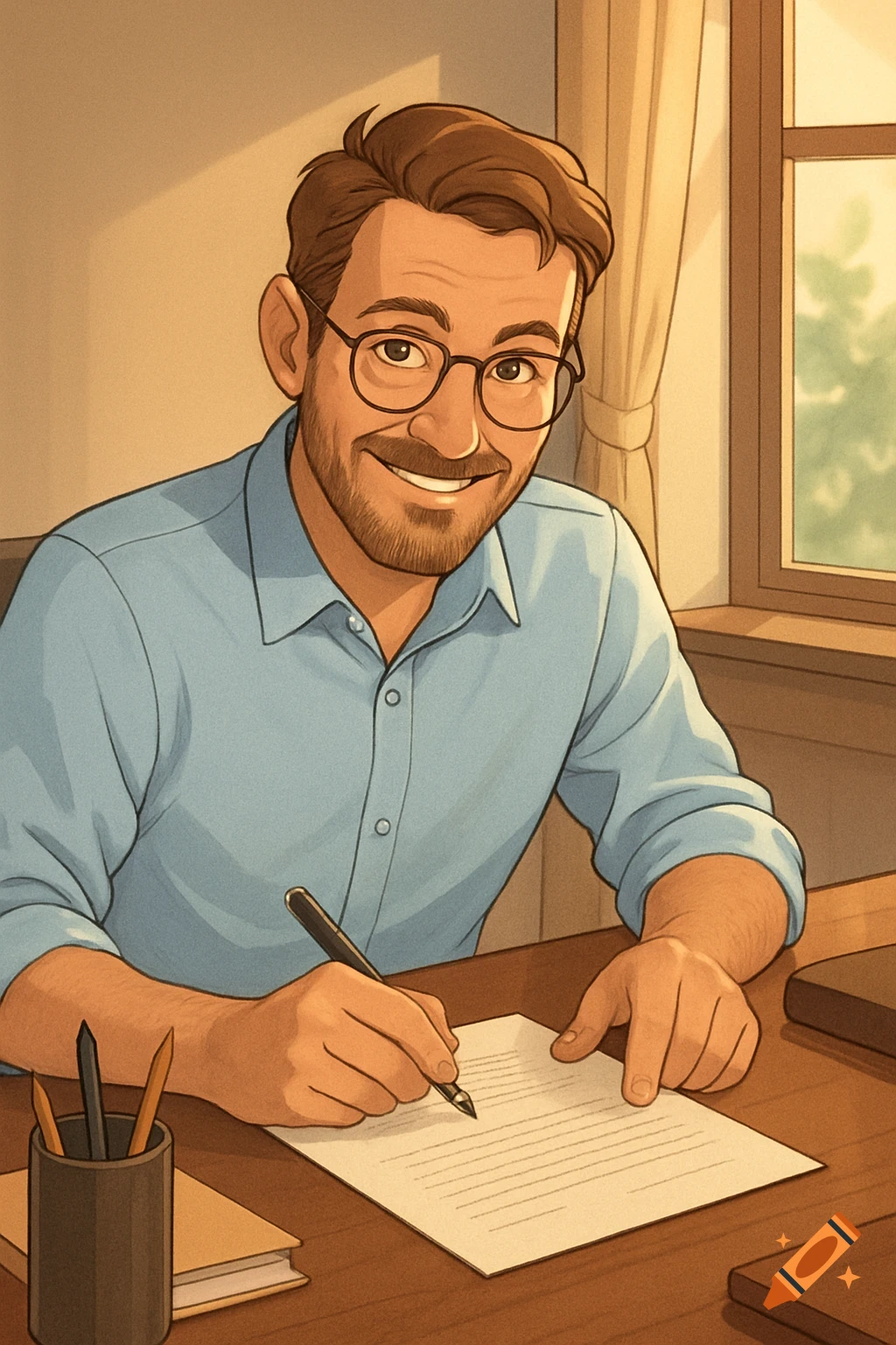 An illustrated man with a beard and glasses smiles while writing on a document at a desk.